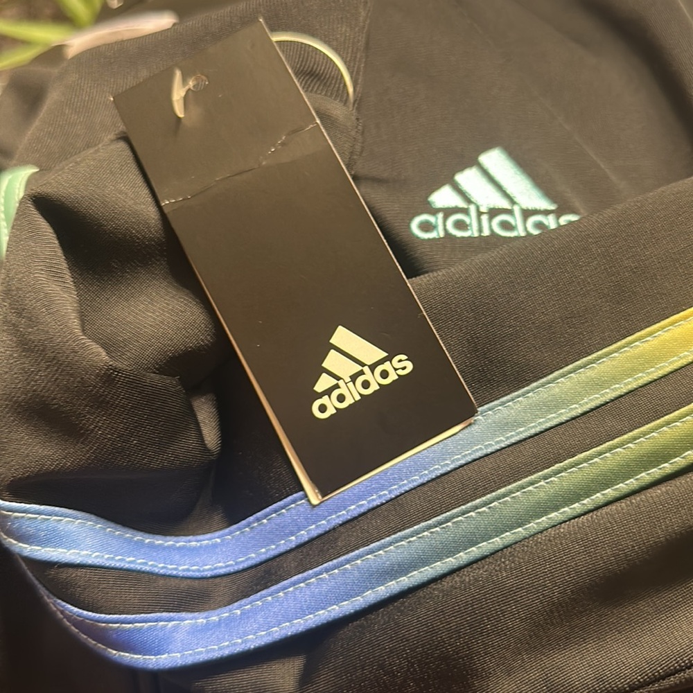 Black hoodie with gold,blue and green stripes on sleeve - Picture 7 of 7